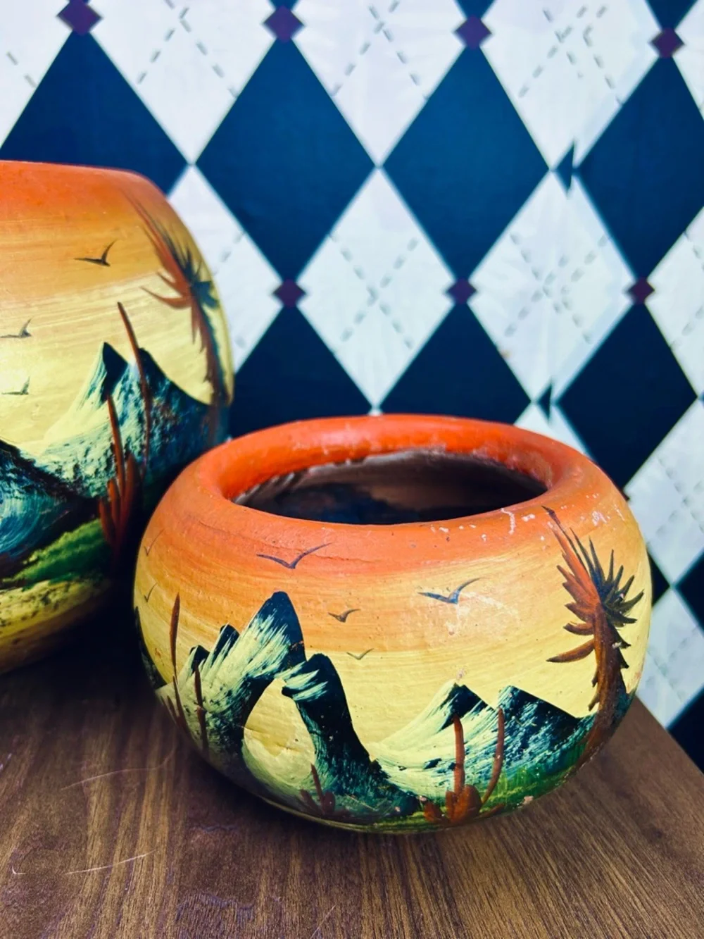 1970s Mexican Desert Landscape Planters Hand Painted Clay Pottery Southwestern - Picture 7 of 12